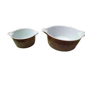 Vintage Pyrex Mixing Bowls Set - Brown & White Floral Design